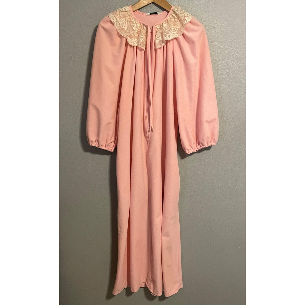 Vintage Models Coat House Coat Nightgown Womens Large Pink Lace Cottagecore 70s